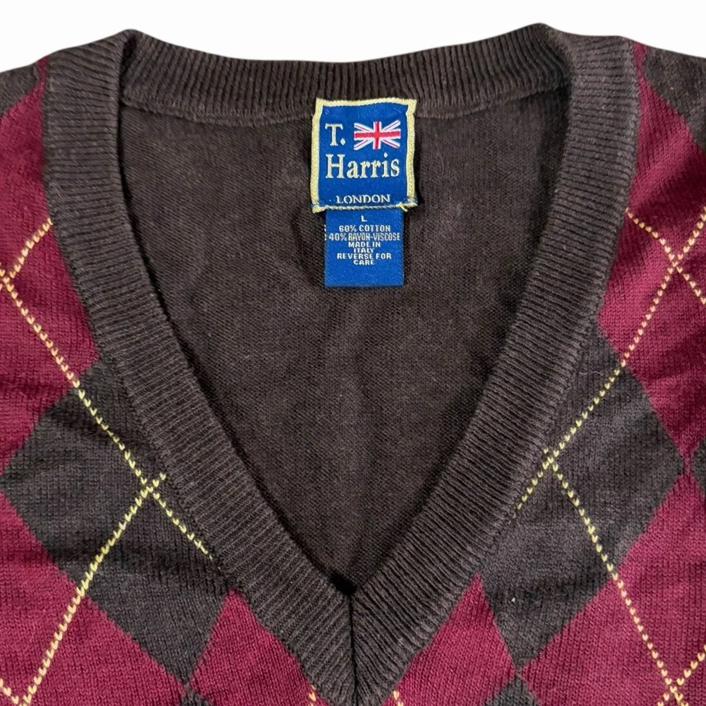 T. Harris London Men's V-neck Argyle Sweater Red &‎ Brown Size L Made In Italy